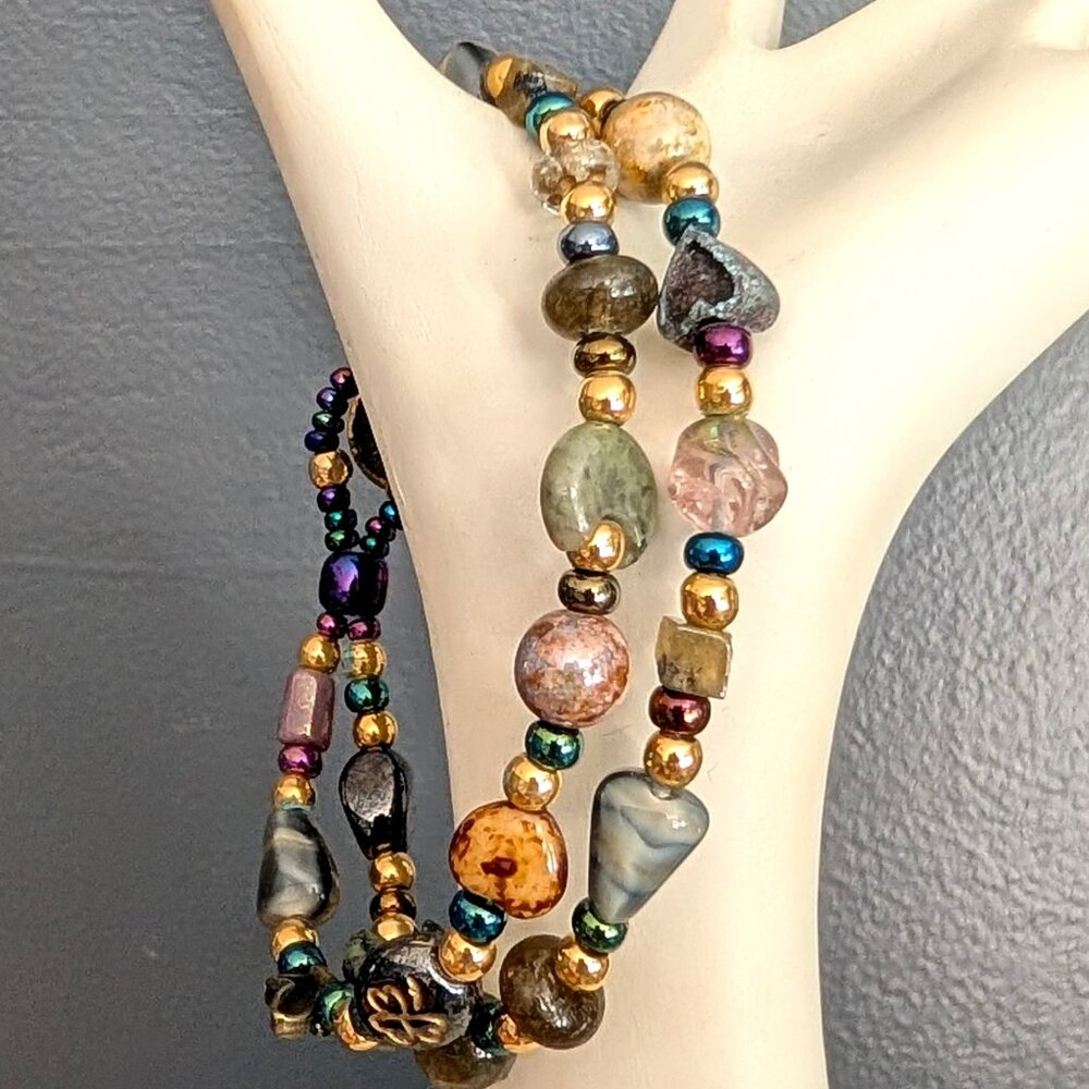 2 strand stone, glass, metal and bead bracelet